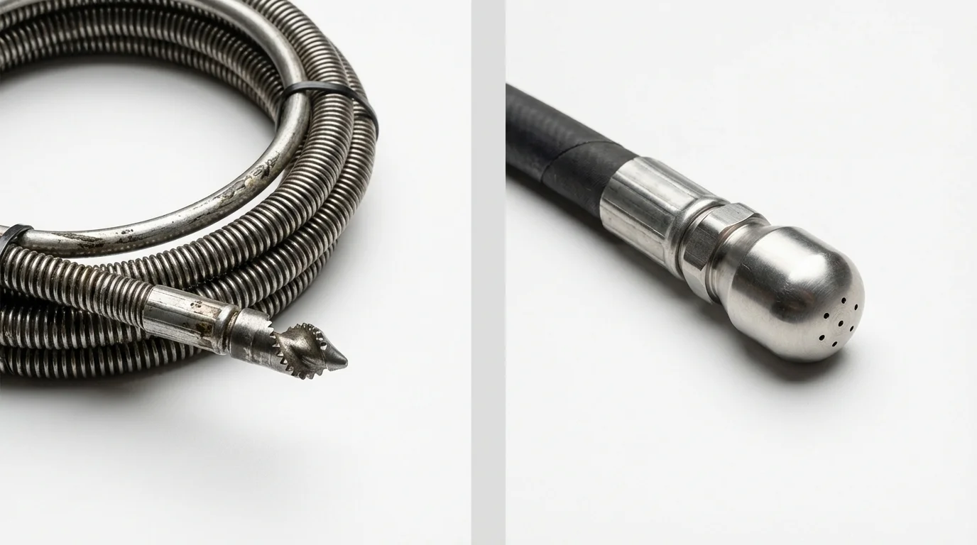 Drain snake cable and hydro jetting nozzle used for drain cleaning in Miami Beach, FL