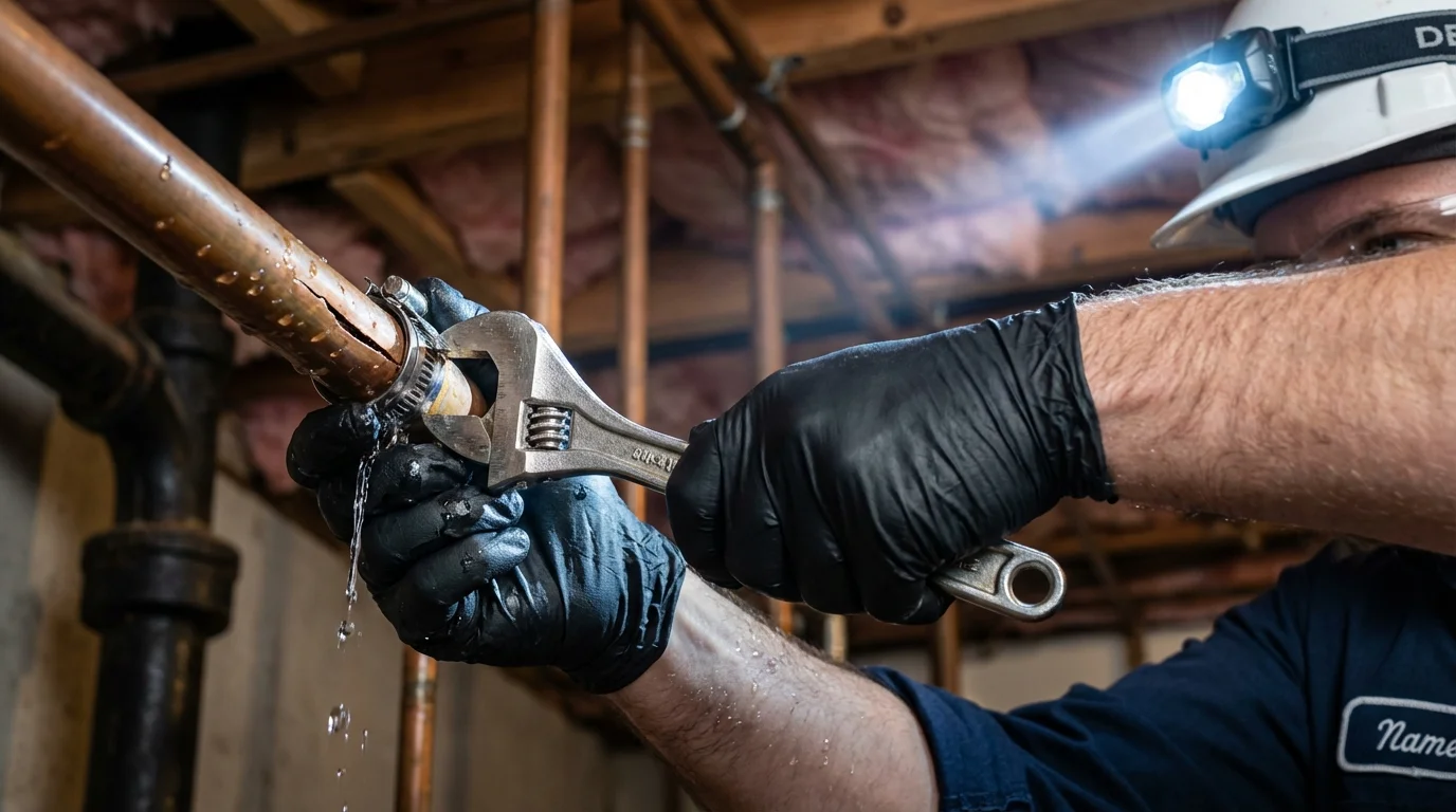 Emergency pipe clamp repair being performed by a Johns Plumbing LLC plumber in Miami Beach