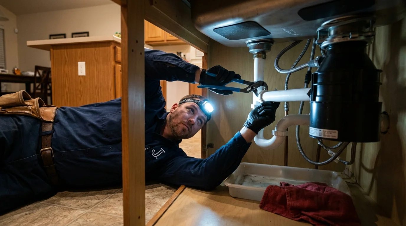 P-trap and supply line connections under a kitchen sink showing a common leak point in Miami Beach, FL